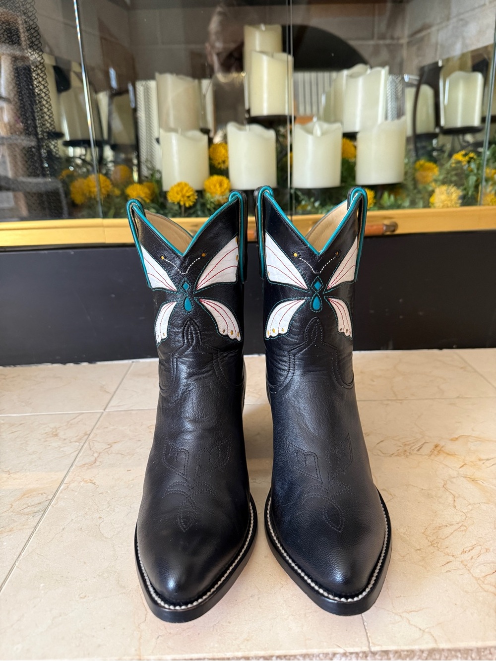 Fraulein Leather Boot Co. Navy Women's Western Boots with Butterfly Inlay